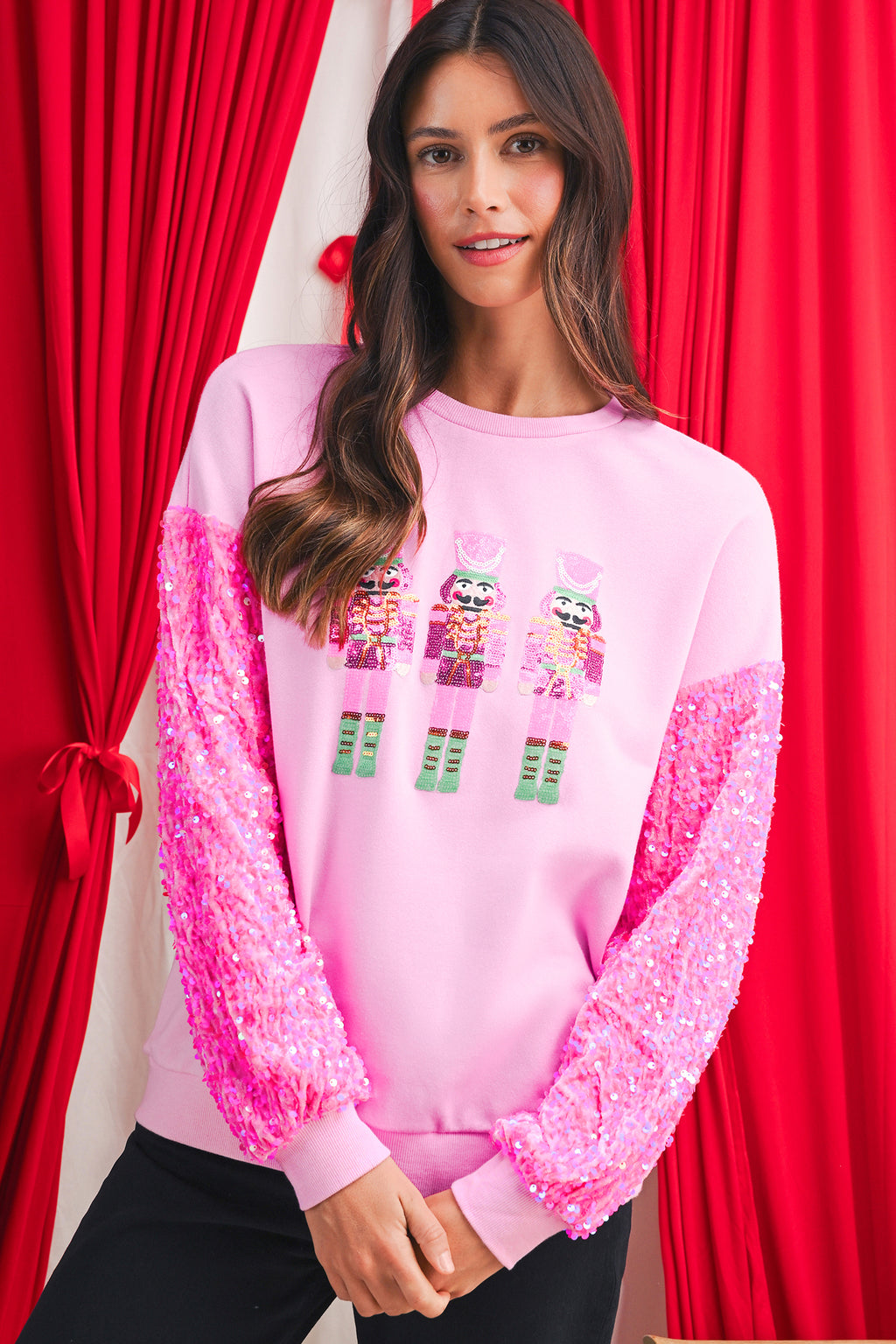Pink Nutcracker Sequin Sleeve Graphic Sweatshirt