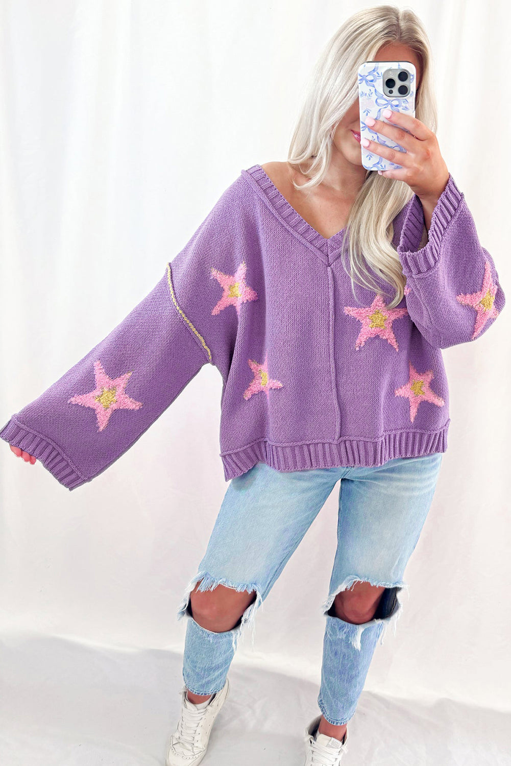 Lavendula Brushed Star Graphic V Neck Drop Shoulder Oversize Sweater