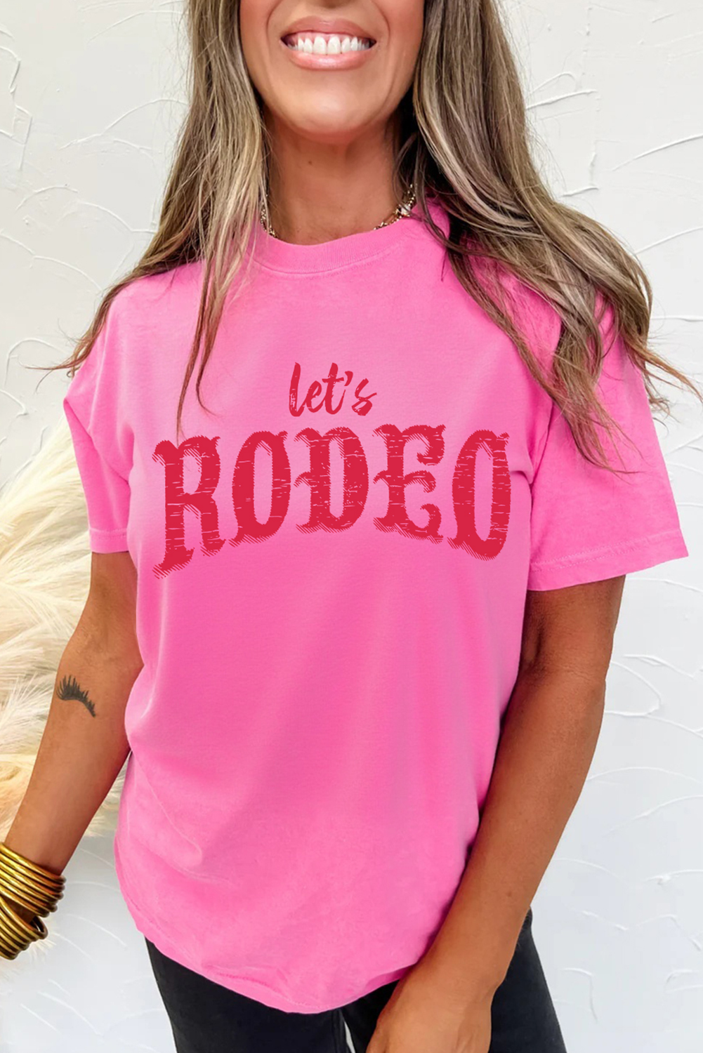 Rose Red Lets Rodeo Crew Neck Heat Transfer Printing Graphic Tee