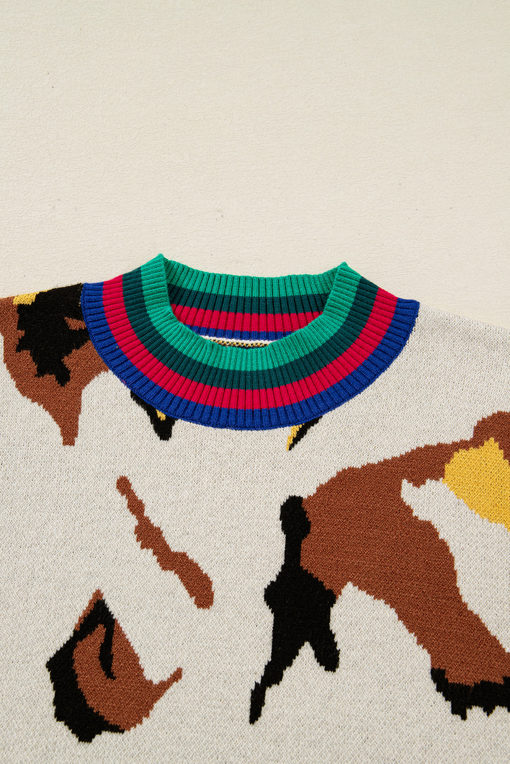 Apricot Contrast Ribbed Stripes Animal Pattern Knit Sweater