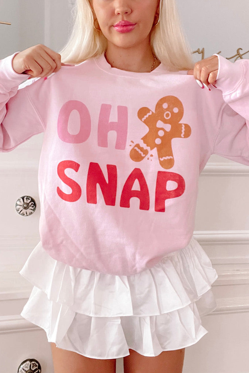 Pink Christmas OH SNAP Gingerbread Man Heat Transfer Printing Graphic Sweatshirt