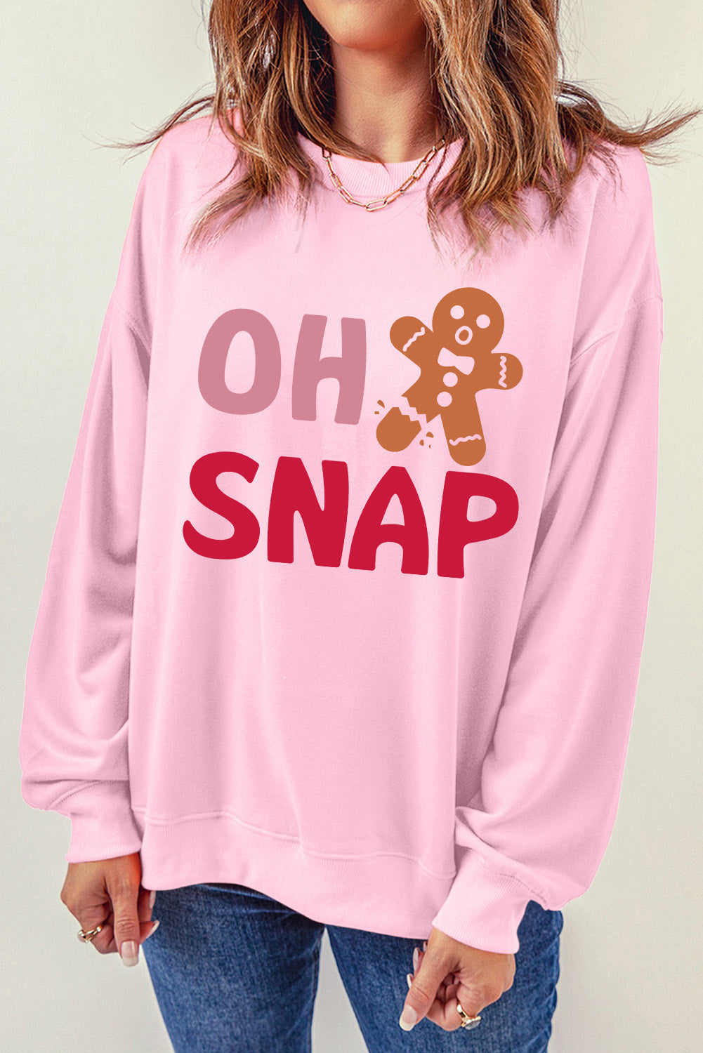 Pink Christmas OH SNAP Gingerbread Man Heat Transfer Printing Graphic Sweatshirt