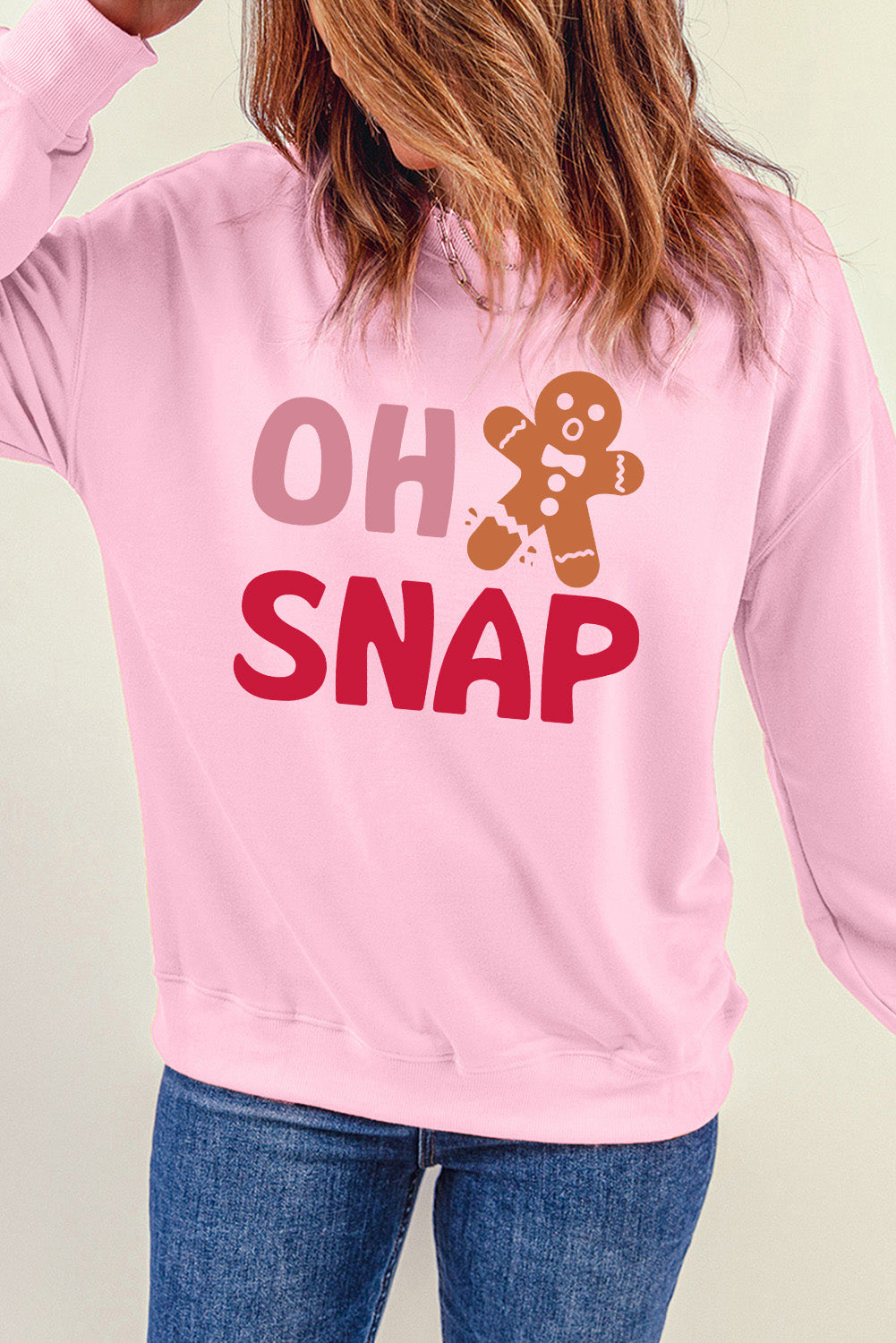 Pink Christmas OH SNAP Gingerbread Man Heat Transfer Printing Graphic Sweatshirt