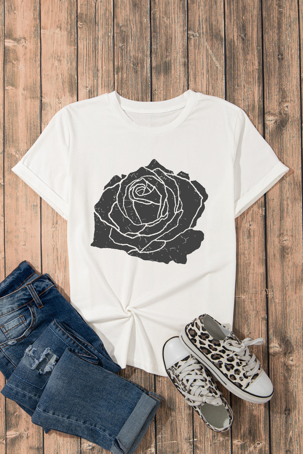 White Large Rose Graphic Crew Neck T Shirt