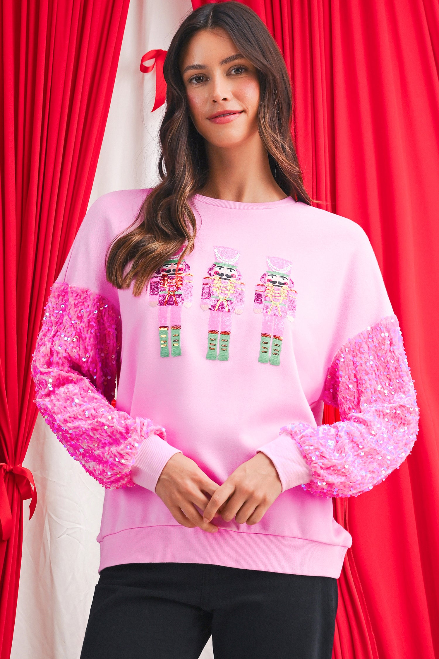 Pink Nutcracker Sequin Sleeve Graphic Sweatshirt