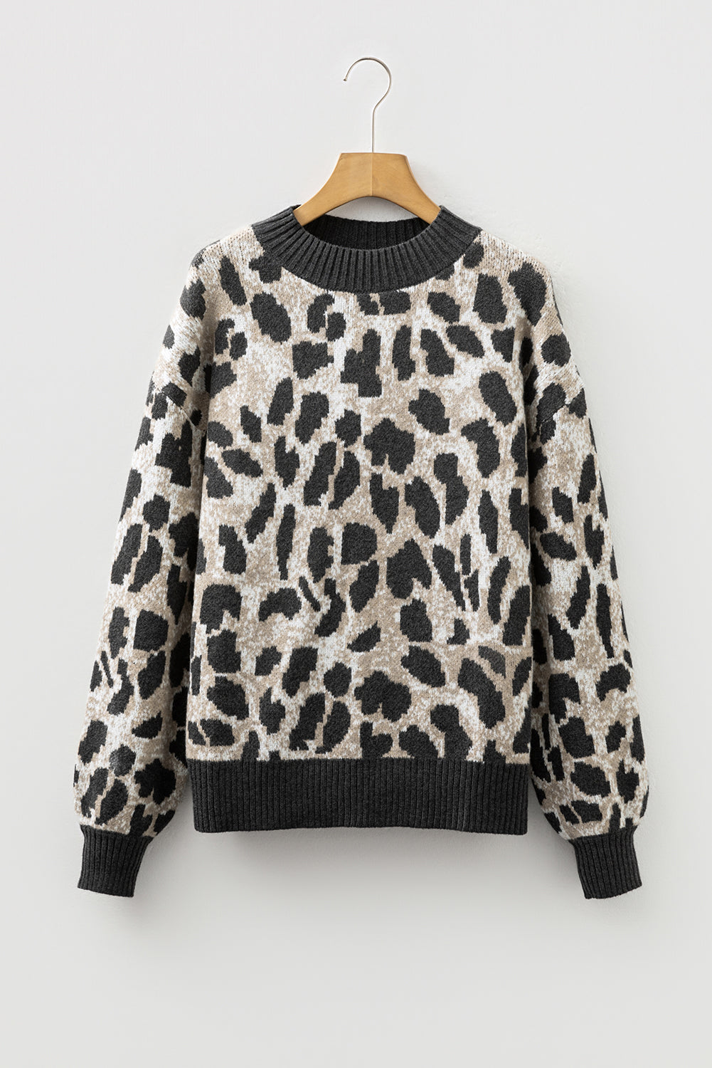 Carbon Grey Leopard Pattern Contrast Trim Round Neck Sweater