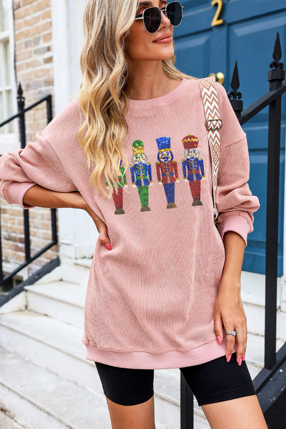 Pink Christmas Nutcracker Graphic Sequins Patch Corded Baggy Sweatshirt