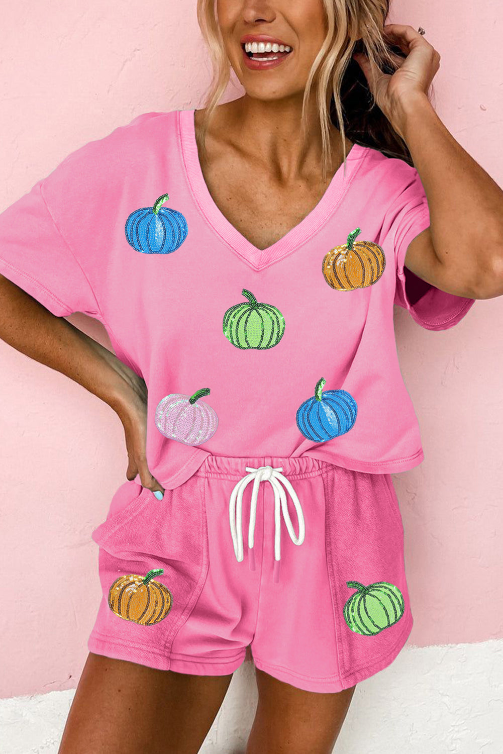 Bonbon Halloween Pumpkin Pattern Sequins Patch V Neck Tee and Drawstring Shorts Set