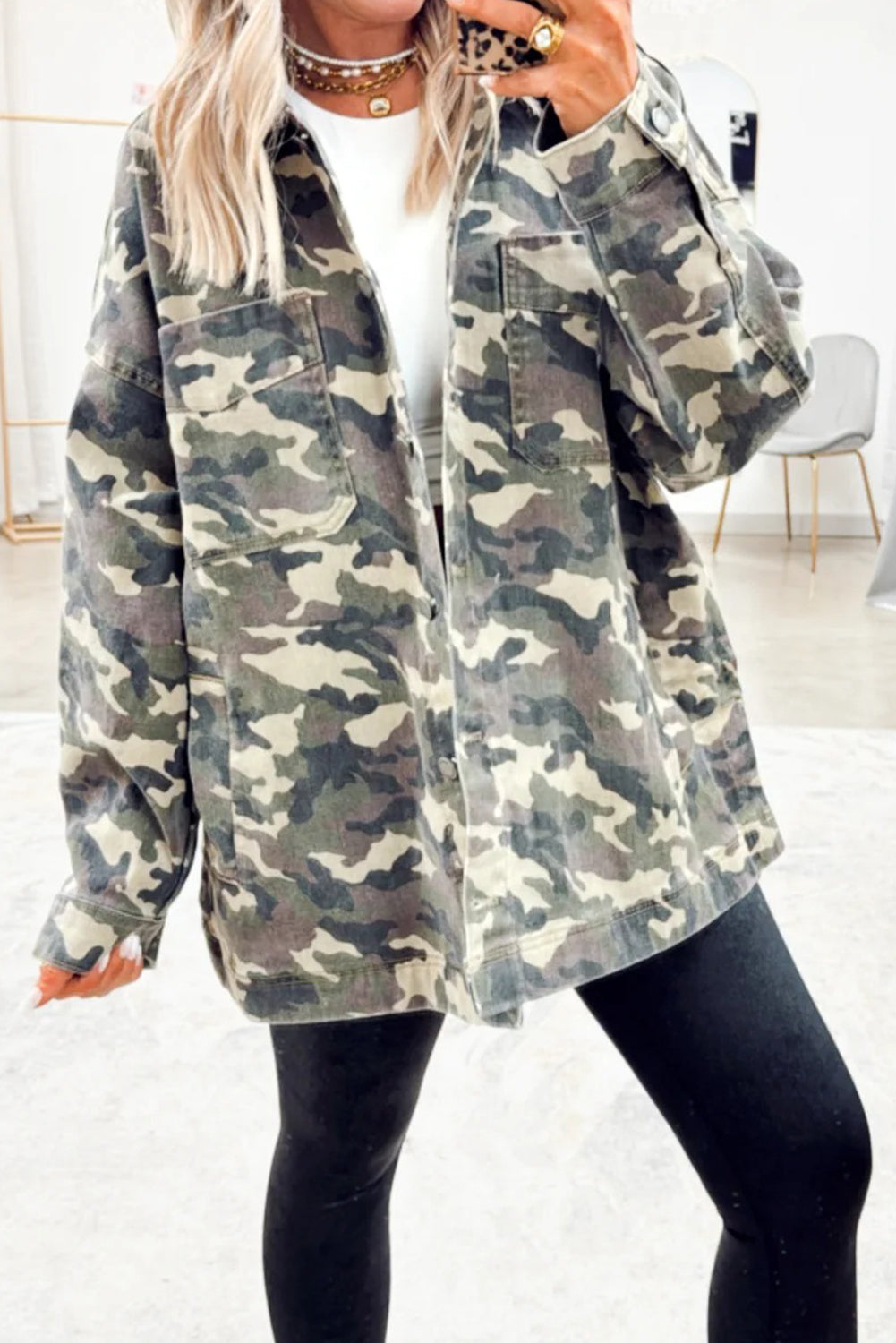 Green Camo Chest Pockets Loose Denim Jacket